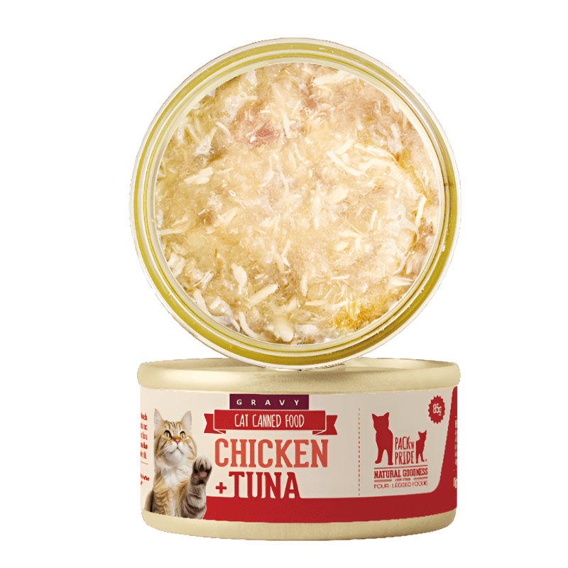 Pack’n Pride Canned cat Gravy wet food chicken Can Canned Shredded Chicken + Tuna