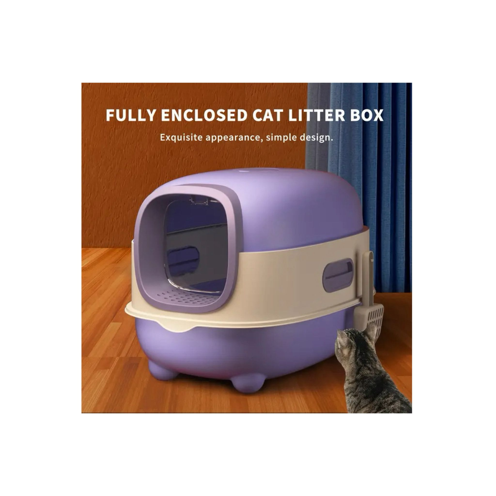 Large Enclosed Cat Litter Box with Removable Lid and Scoop - Purple