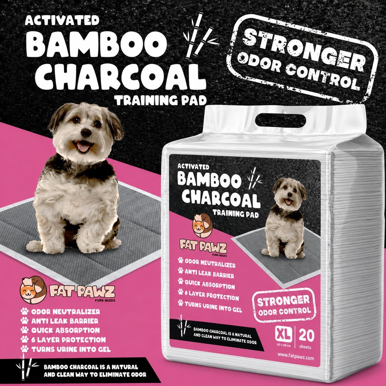 Fat Pawz Bamboo Charcoal Pet Pee Pads 60x90 XL (20 Pack)
